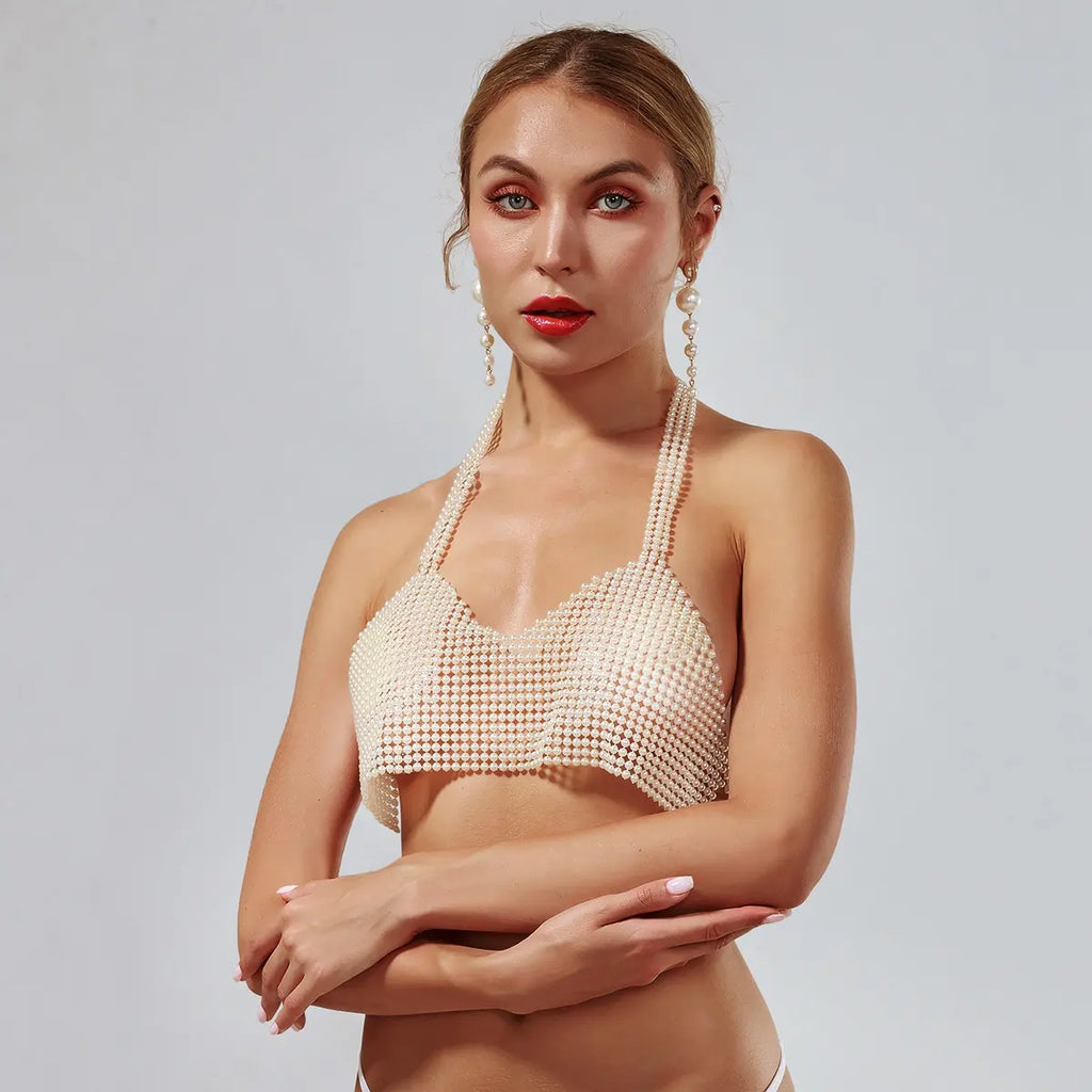 Pearl Sequin Halter Crop Top - Backless V-Neck Camisole