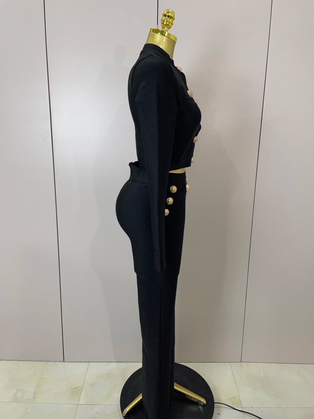 Golden Button Coat & Flare Pants | 2-Piece Stage Set