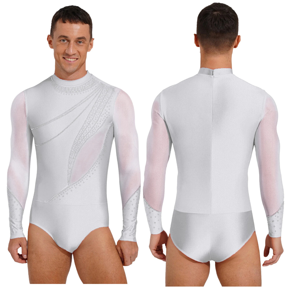 Men's Rhinestone Leotard | Mock Neck & Diagonal Sheer Mesh Panel | Long Sleeve