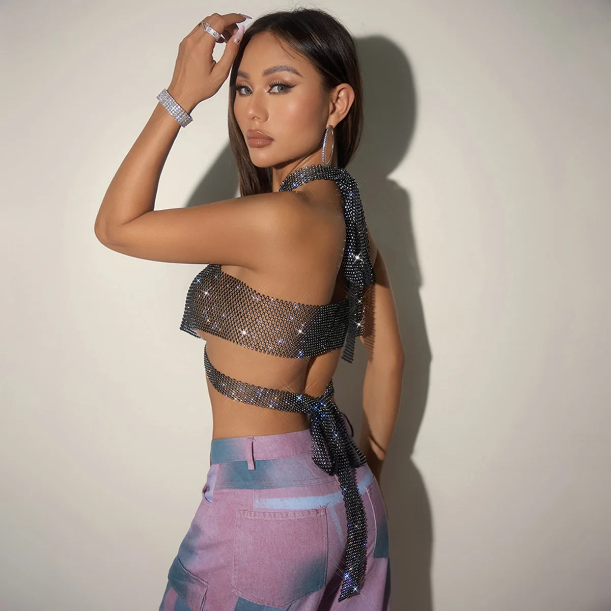Fishnet Rhinestone Crop Top - Sexy Mesh See-Through Tank for Raves & Festivals