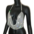 Rhinestone Crystal Deep V Crop Top - Sheer Backless Adjustable Tank