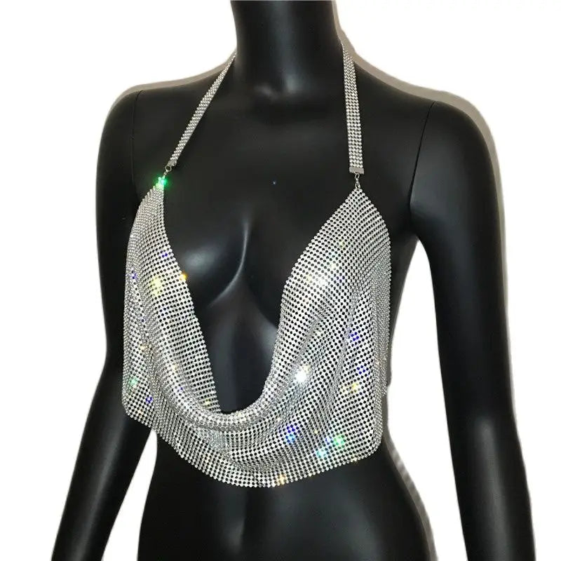 Rhinestone Crystal Deep V Crop Top - Sheer Backless Adjustable Tank