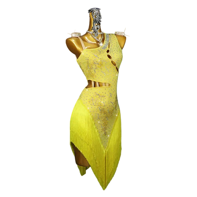 Yellow Latin Samba Competition Dress – Rhinestone Appliqué Tassel