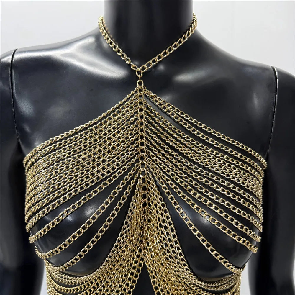 Metal Chain Tassel Halter Crop Top - Sheer Backless Camisole