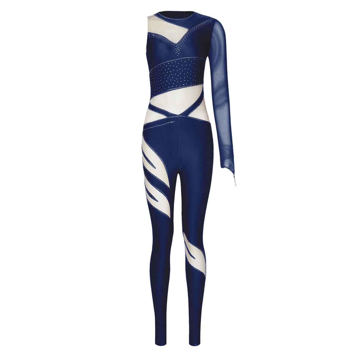 Women's Rhinestone Gymnastics Unitard | Mesh Patchwork & Asymmetric Shoulder | Performance Jumpsuit