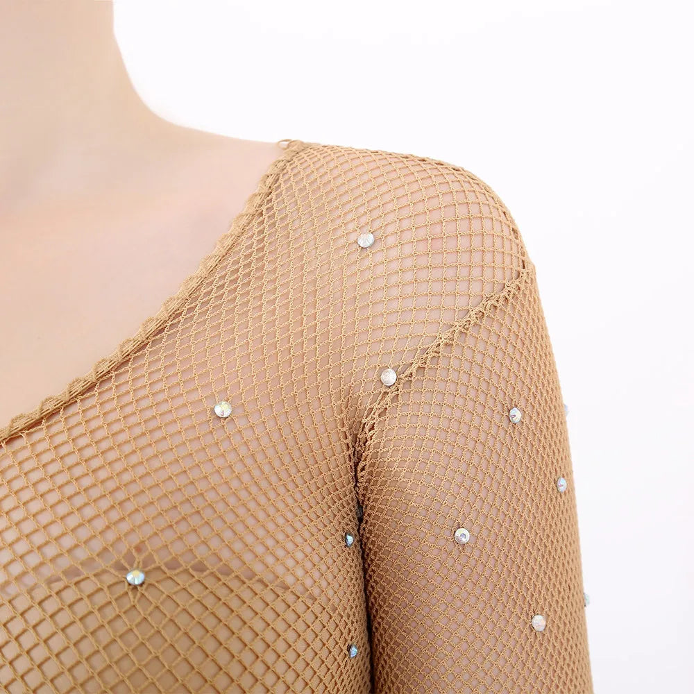 Rhinestone Fishnet Bodysuit Stocking — Full-Body Dance Jumpsuit