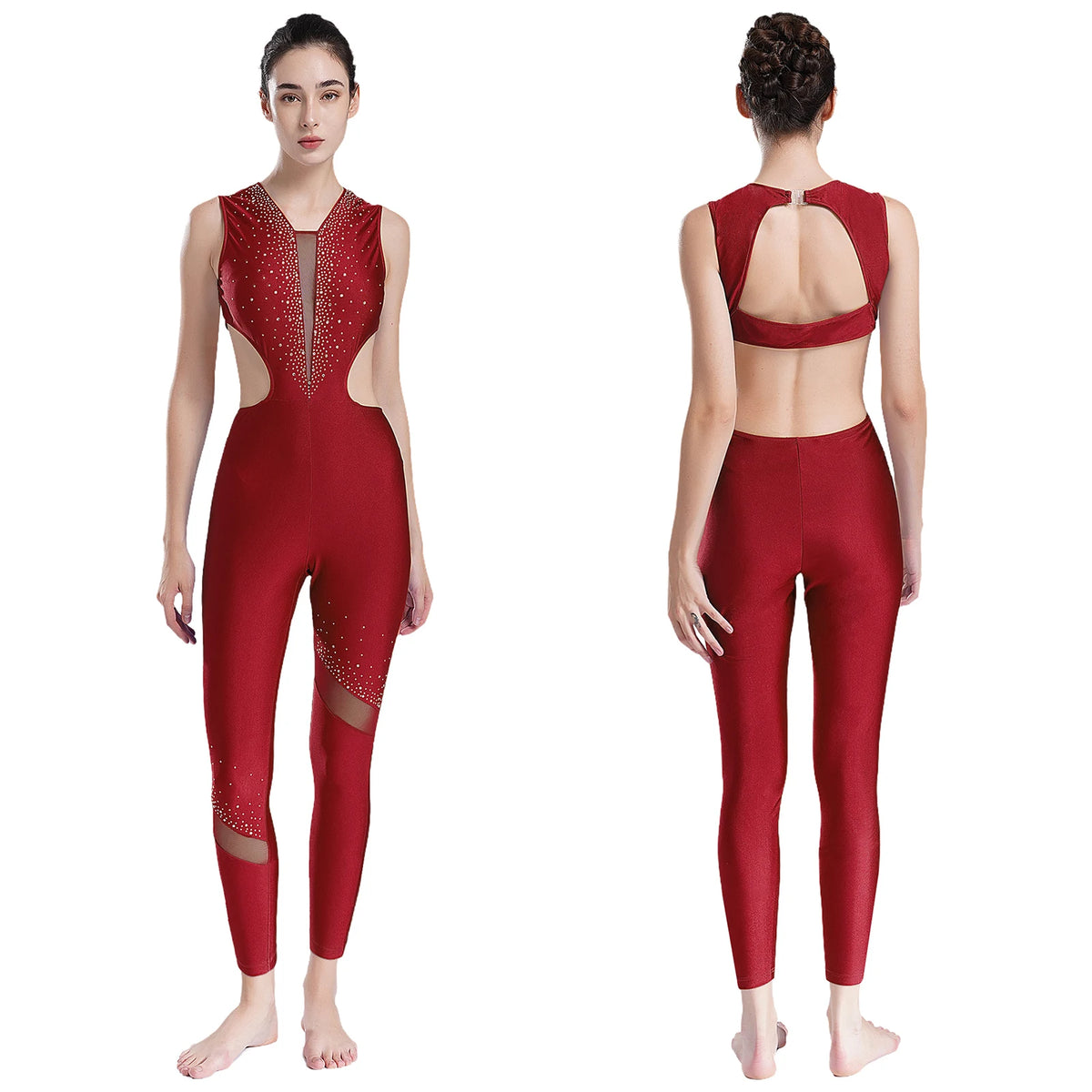 Rhinestone Full-Body Leotard | Sleeveless | Keyhole Back | Mesh