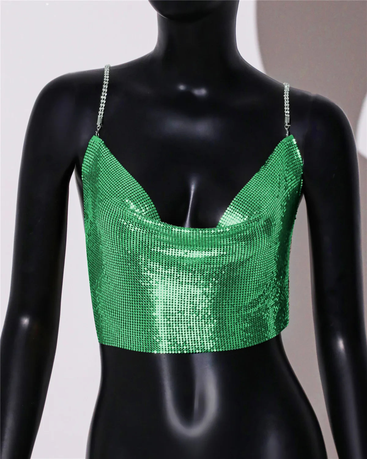 Metal Sequin Rhinestone Chain Crop Top - Deep V Backless Tank
