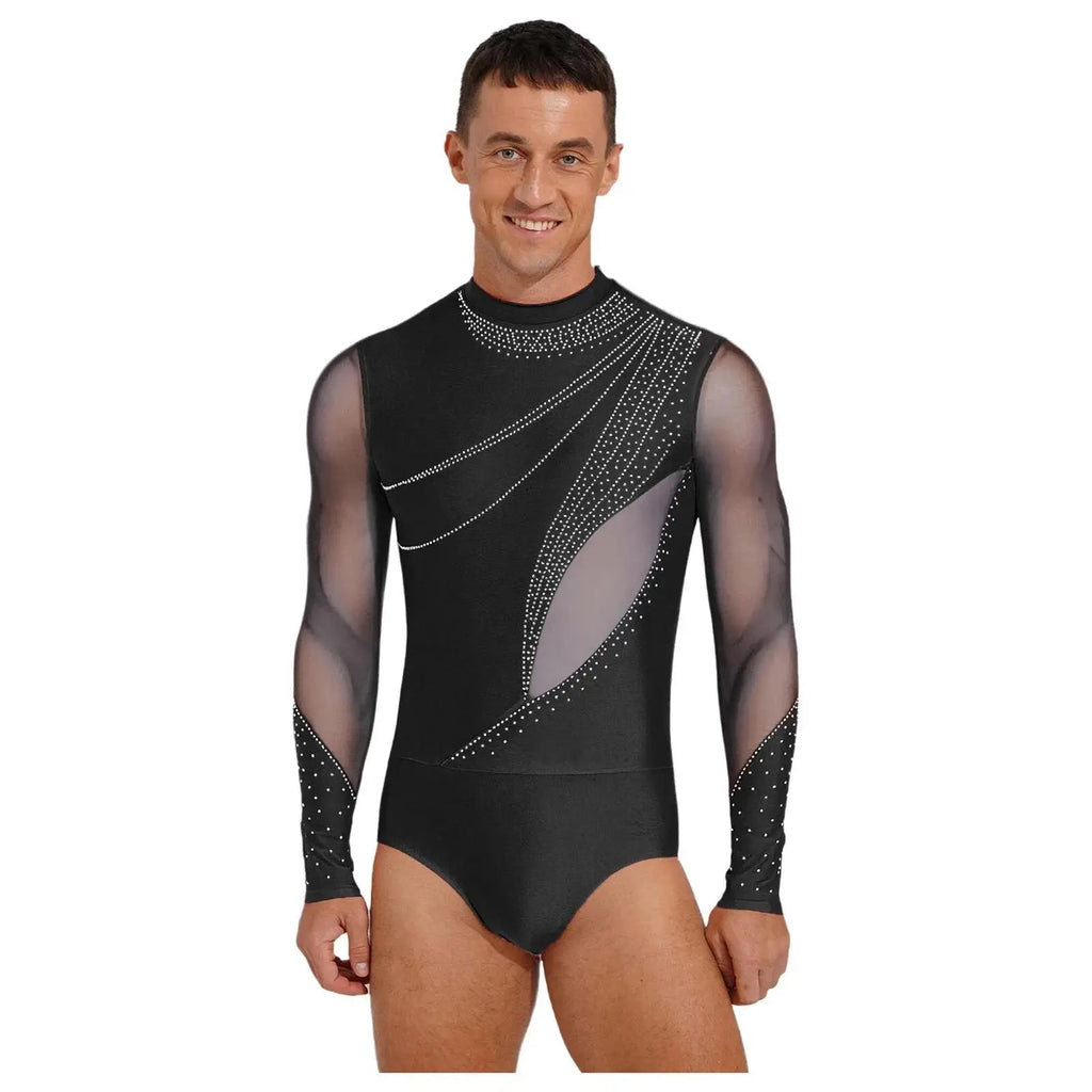 Men's Rhinestone Leotard | Mock Neck & Diagonal Sheer Mesh Panel | Long Sleeve