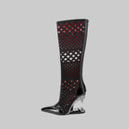 Hollow-Out Knee-High Boots - Patchwork Design with Metal Toe Cap