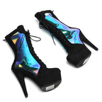 15cm Holographic Ankle Boots - Suede Platform Dance Booties
