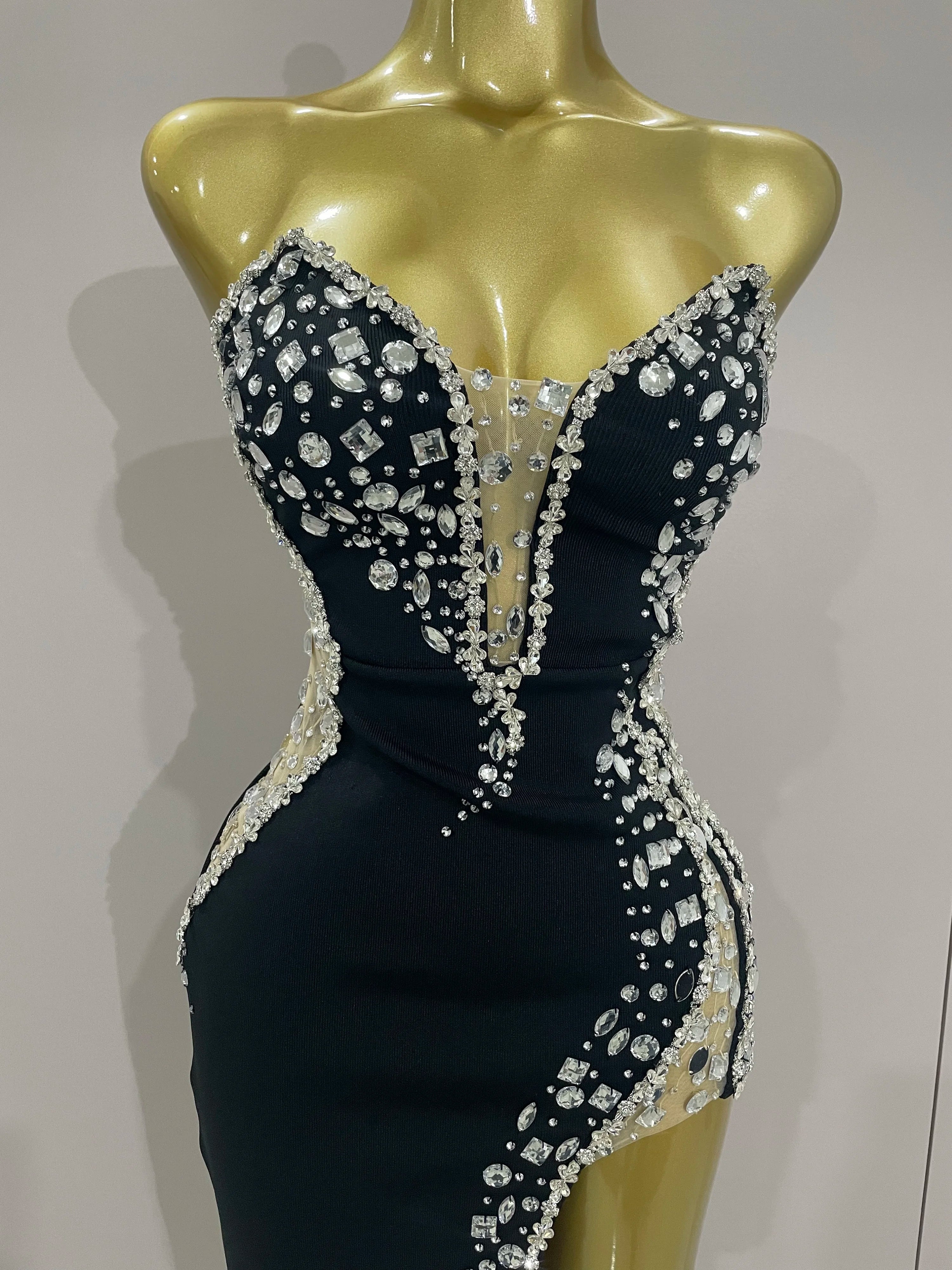 Rhinestone S-Panel Strapless Bodycon Gown | Deep V | Black