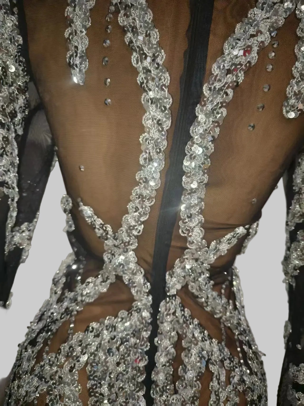 See Through Black Mesh Silver Sequins Mini Dress