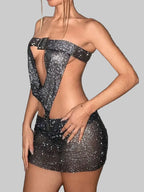 Rhinestone Mesh Bodycon Dress - Backless Fishnet Mini with Bandage Details