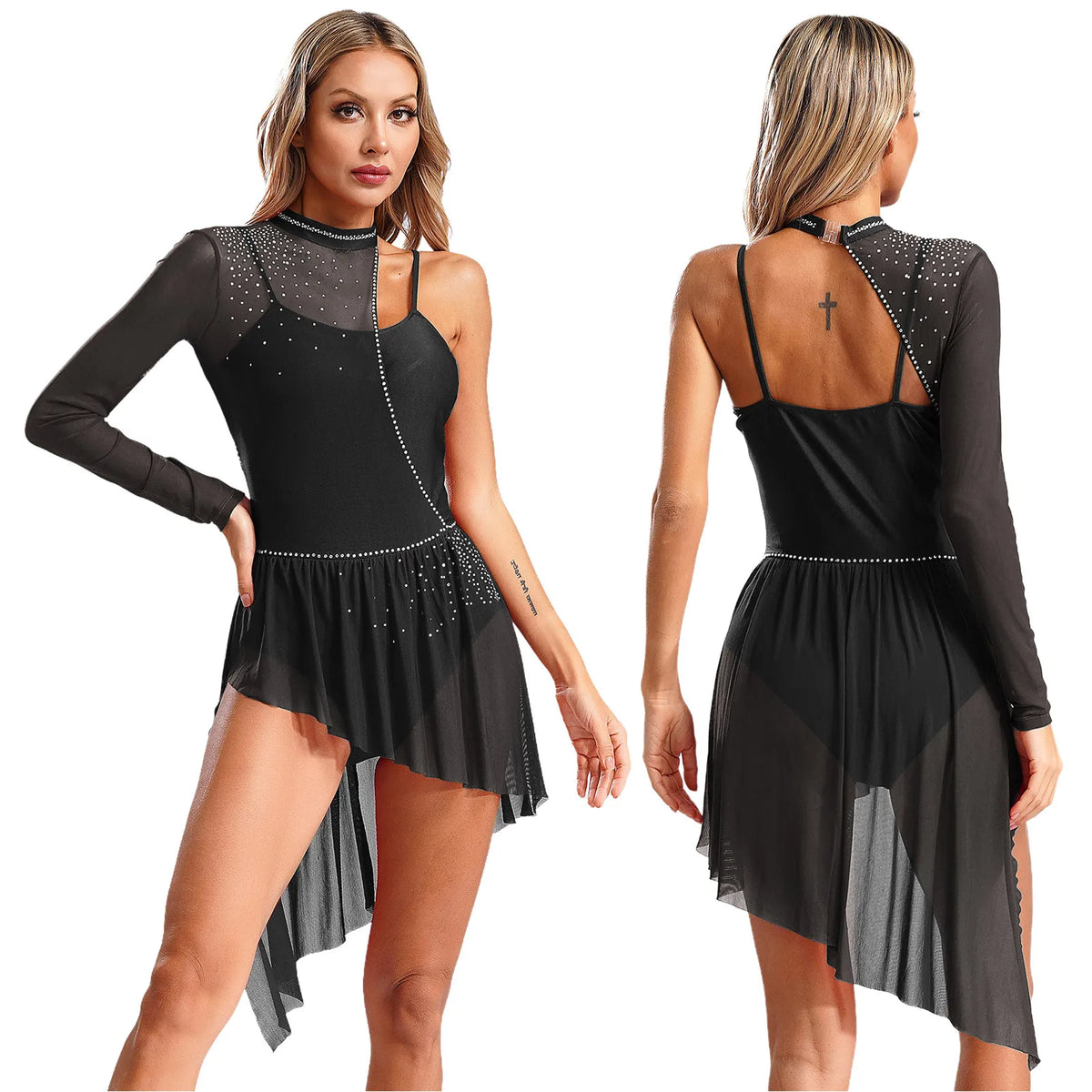 Rhinestone Lyrical Dance Dress | One Shoulder | Mesh Overlay