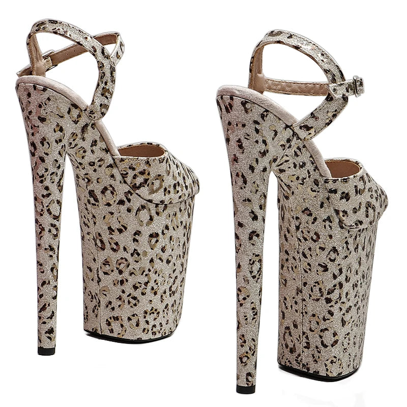 23cm Glitter Platform Sandals - Leopard Print Dance Heels