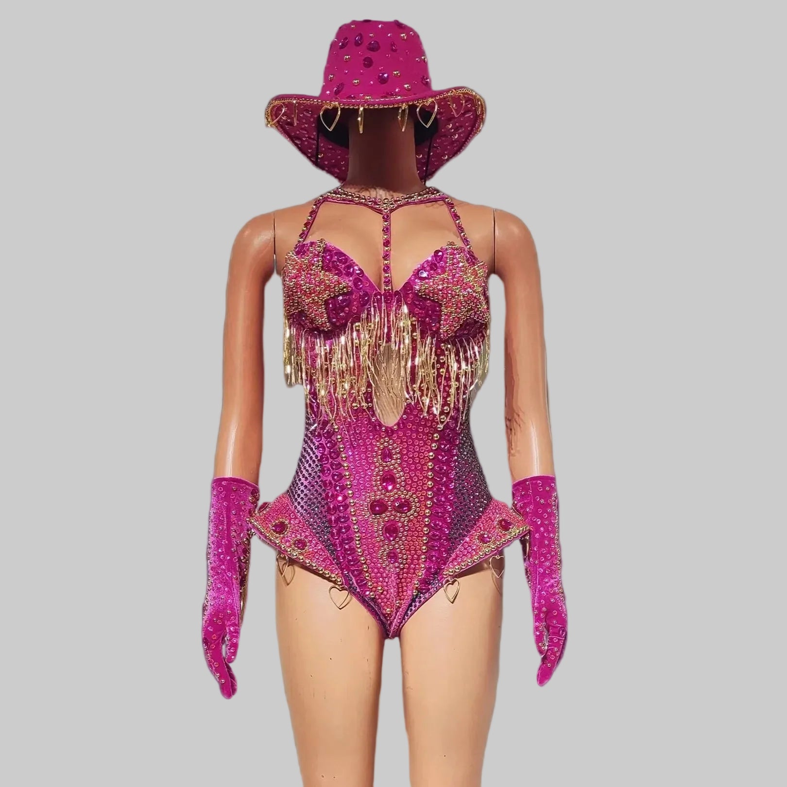 Rhinestone Bodysuit 4-Piece Set - Sparkly Showgirl Outfit with Flare Pants & Crystals