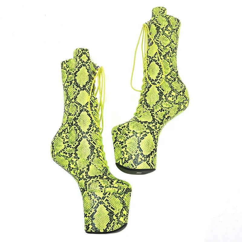 Green Snake Print Heelless Platform Boots - Exotic Pole Dance Shoes