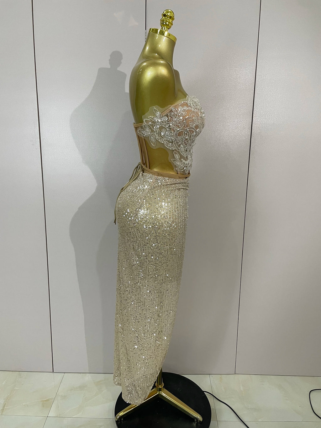 Sequin Beaded Corset & High-Slit Skirt Set | Strapless | Champagne