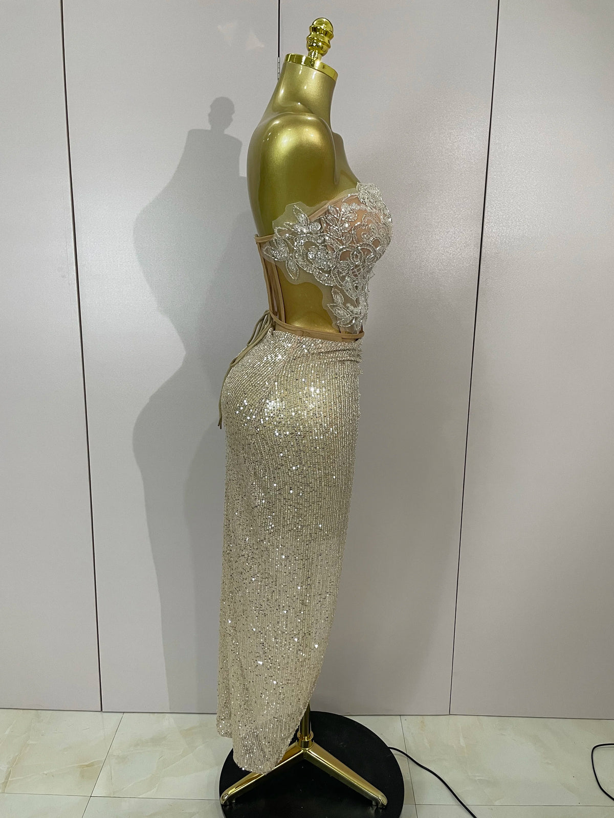 Sequin Beaded Corset & High-Slit Skirt Set | Strapless | Champagne