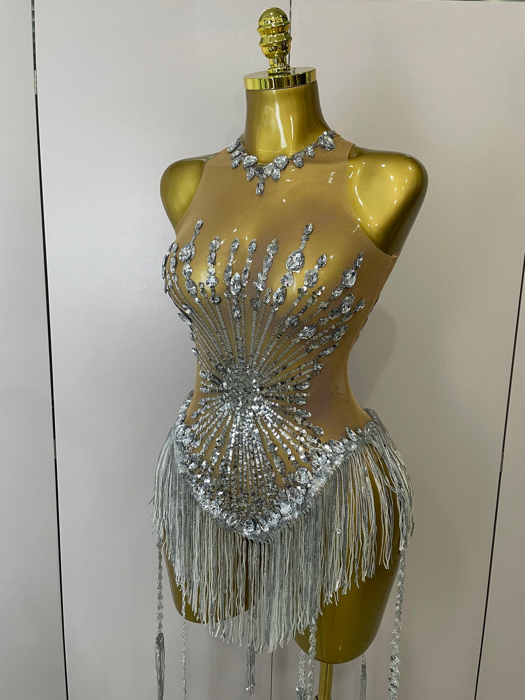 Silver Diamond Tassel Bodysuit | Sequin Mesh | S–XL
