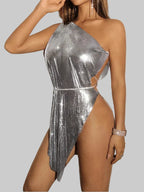 Metal Sequin One-Shoulder Mini Dress - Backless Side Split Party Dress