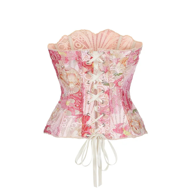 Floral Overbust Corset | Double-Layer Lace Hem | Vintage