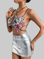 Embroidered Flower Bandage Crop Top - Backless Sling Tank