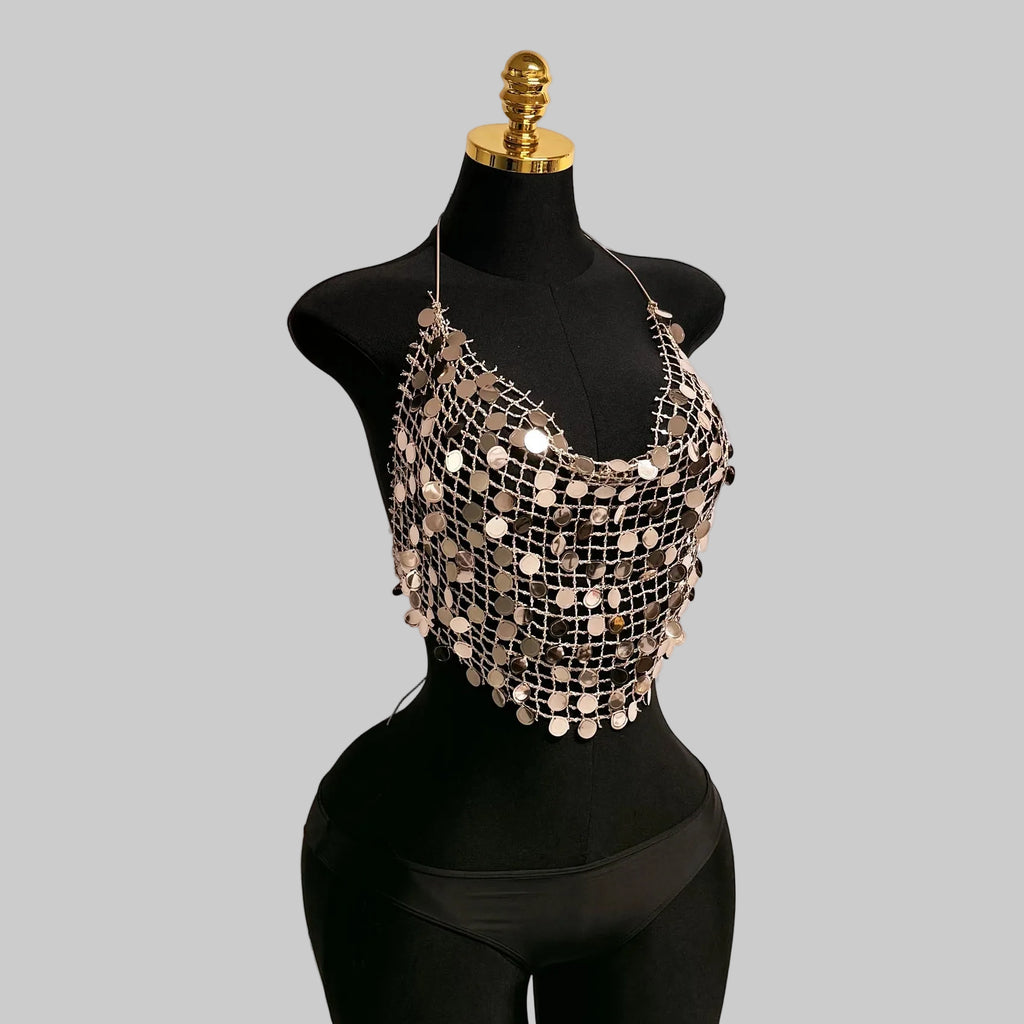 Dazzling Sequin Halter Top - Electra Chainmail Crop Top