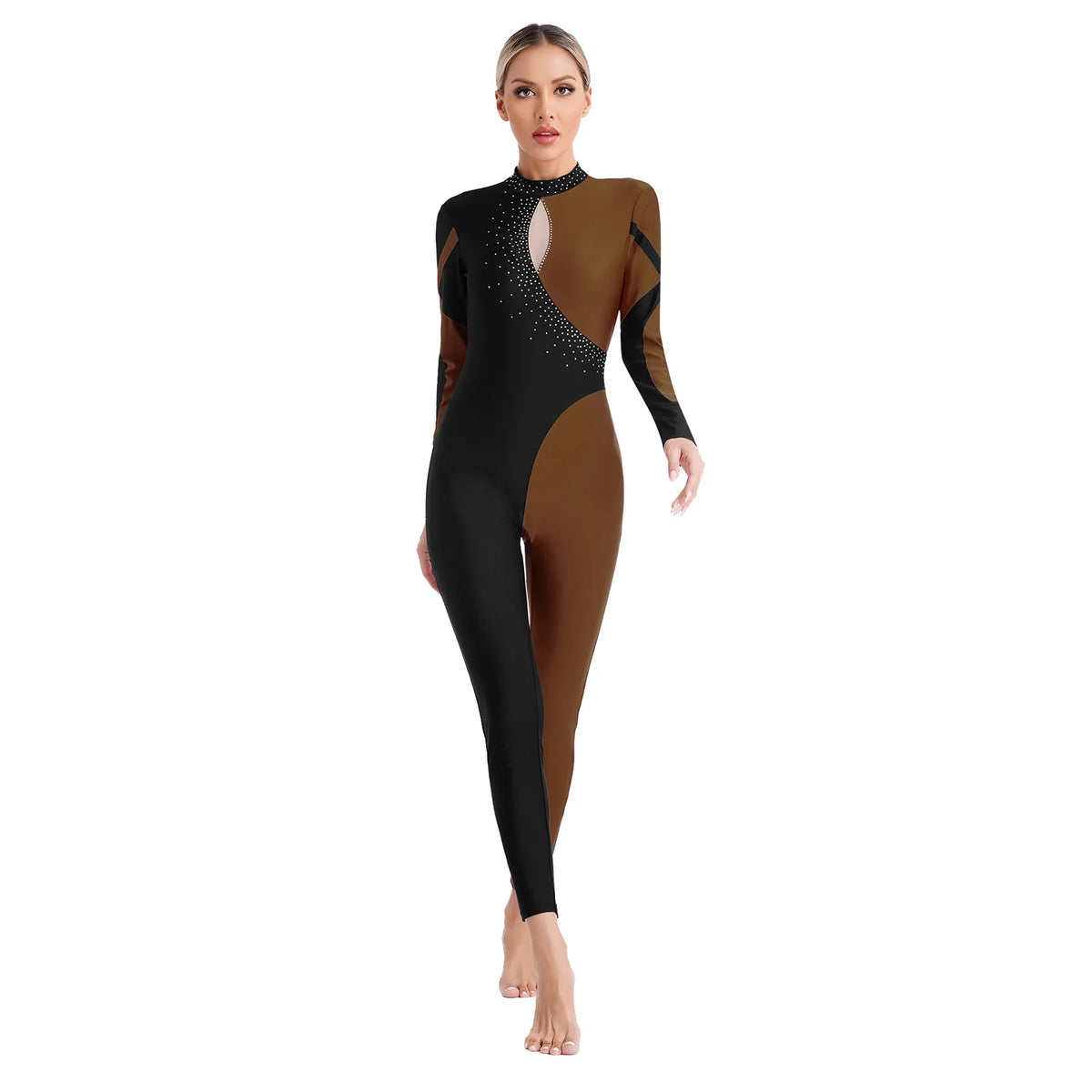 Rhinestone Color-Block Dance Jumpsuit | Long Sleeve | Keyhole Back | Mock Neck