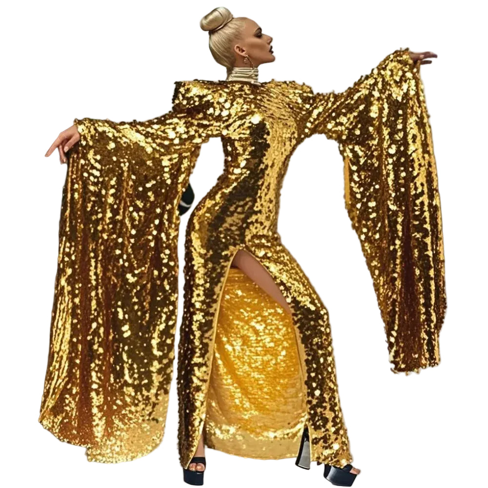Gold Sequin Puff Sleeve Gown | Stage & Drag