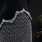 Black Beaded Crystal Gown | Off-Shoulder Slit | Fringe Detail