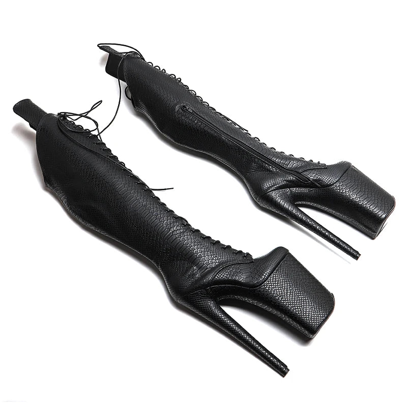 23CM Snakeskin Platform Pole Dance Knee-High Boots - 9 Inch High Heel Closed Toe Boots