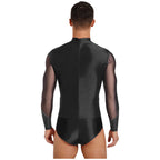 Men's Rhinestone Leotard | Mock Neck & Diagonal Sheer Mesh Panel | Long Sleeve
