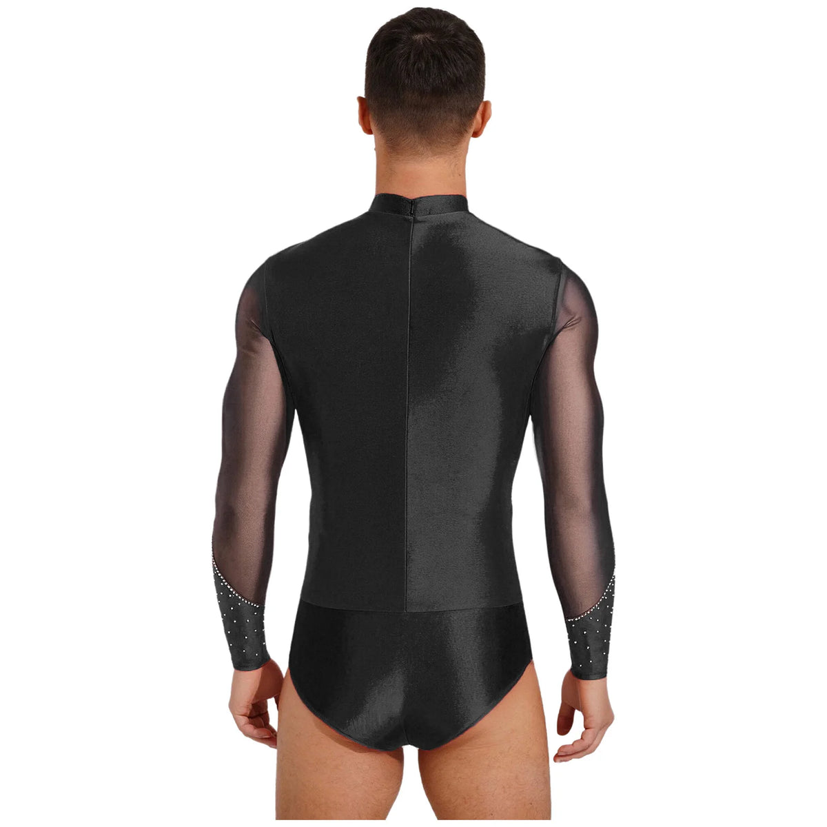 Men's Rhinestone Leotard | Mock Neck & Diagonal Sheer Mesh Panel | Long Sleeve