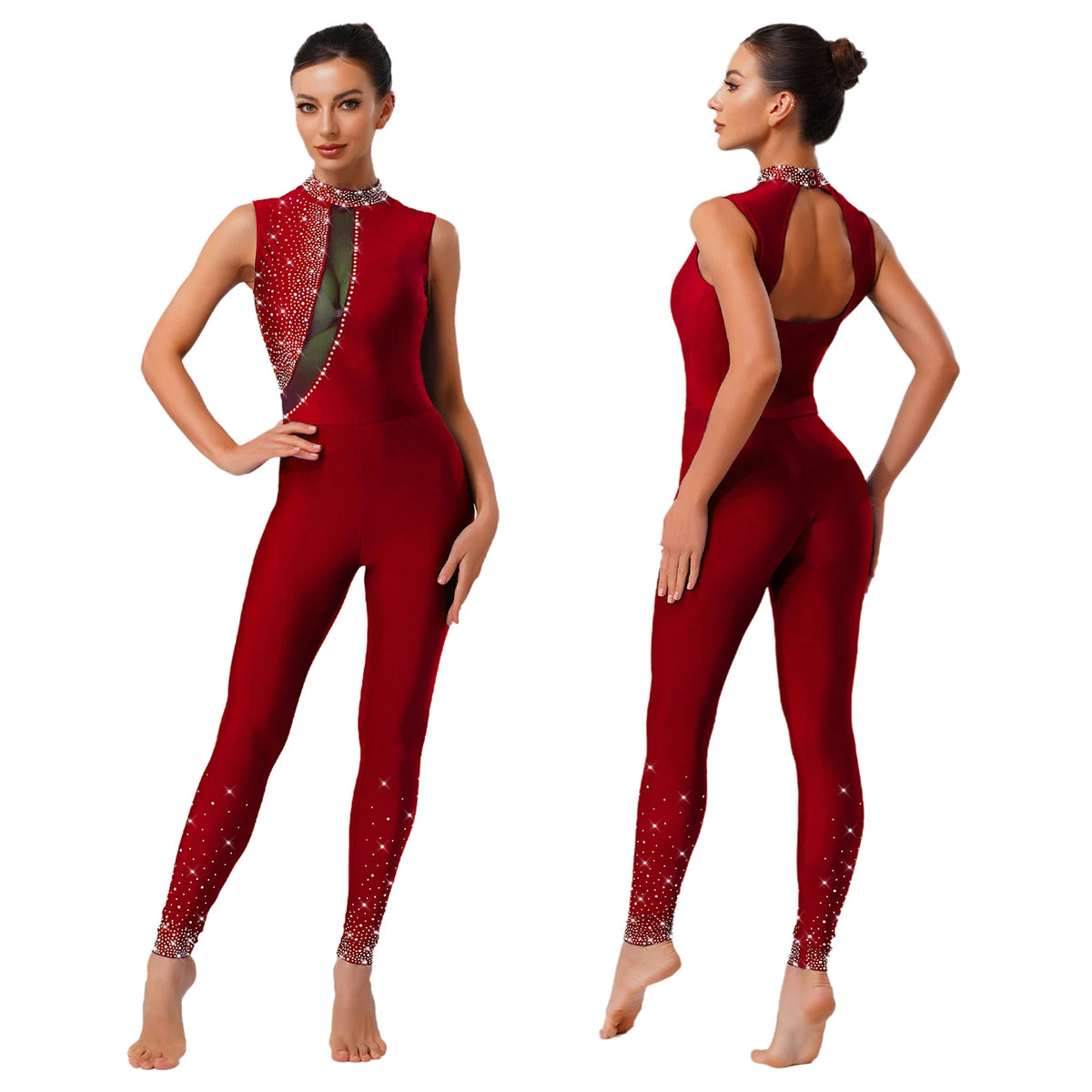 Sleeveless Rhinestone Unitard | Mesh Keyhole Back