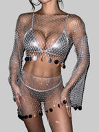 Rhinestone Mesh 2-Piece Set - Long Sleeve Top & Tassel Mini Skirt