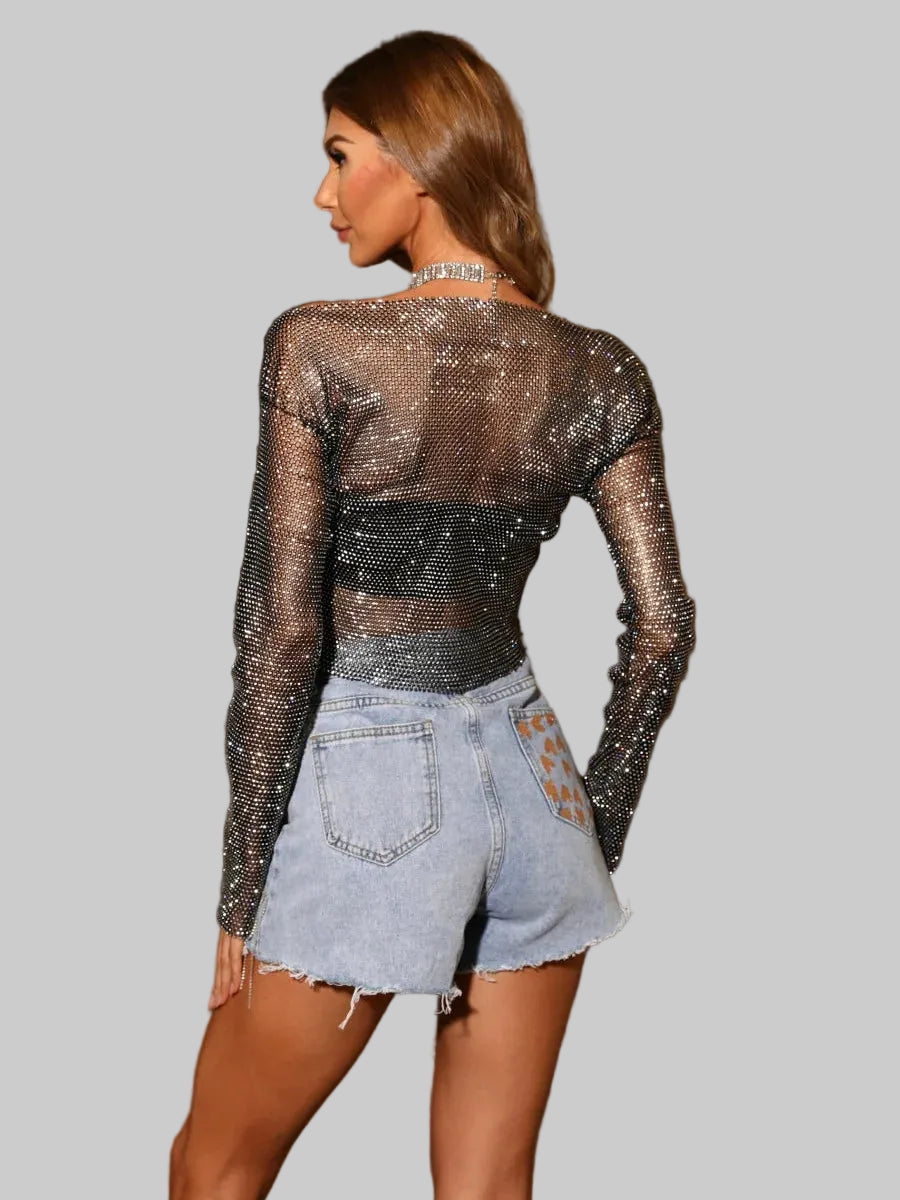 Rhinestone Fishnet Mesh Long Sleeve Top - Sheer Starlight Party Tee