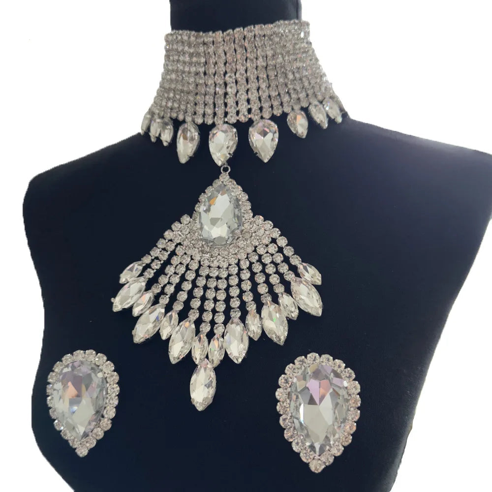 Rhinestone Tassel Choker Jewelry Set | Necklace & Earrings