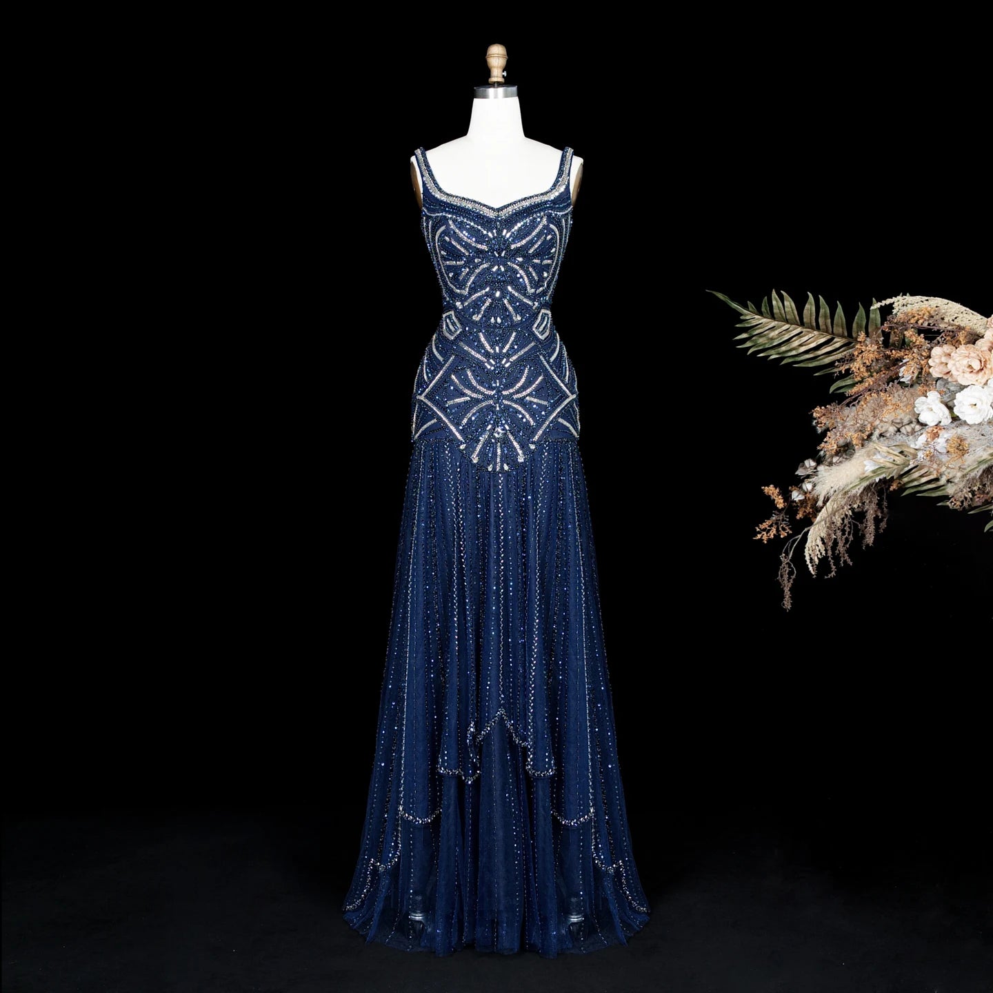 Champagne & Navy Beaded Mermaid Pageant Gown | V-Neck