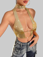 Metal Sequin Scarf Crop Top - Deep V-Neck Backless Camisole