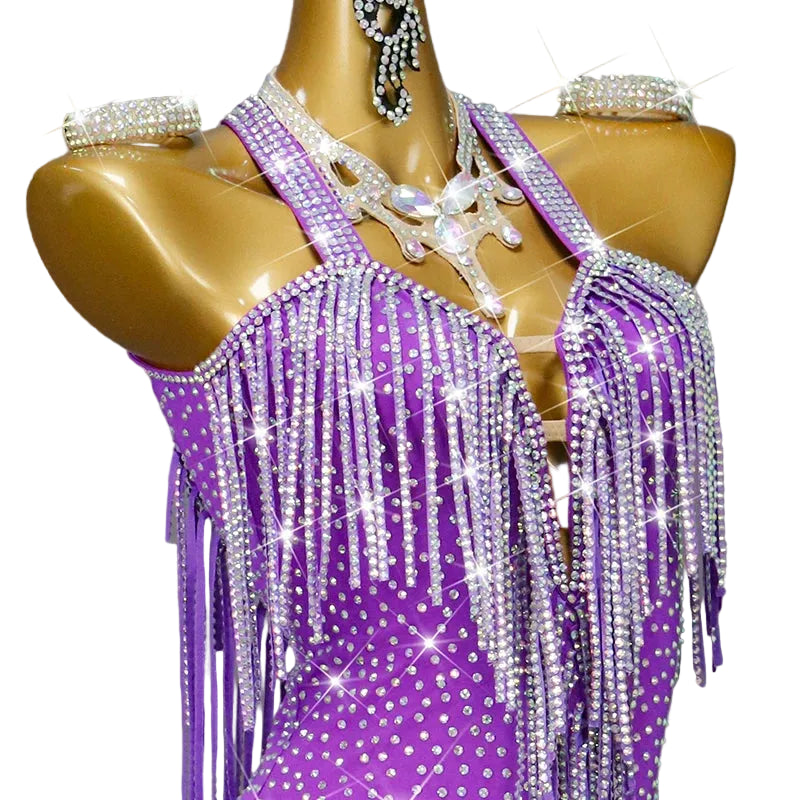 Purple Rhinestone Latin Dance Dress with Fringe & Tassel Details