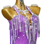 Purple Rhinestone Latin Dance Dress with Fringe & Tassel Details
