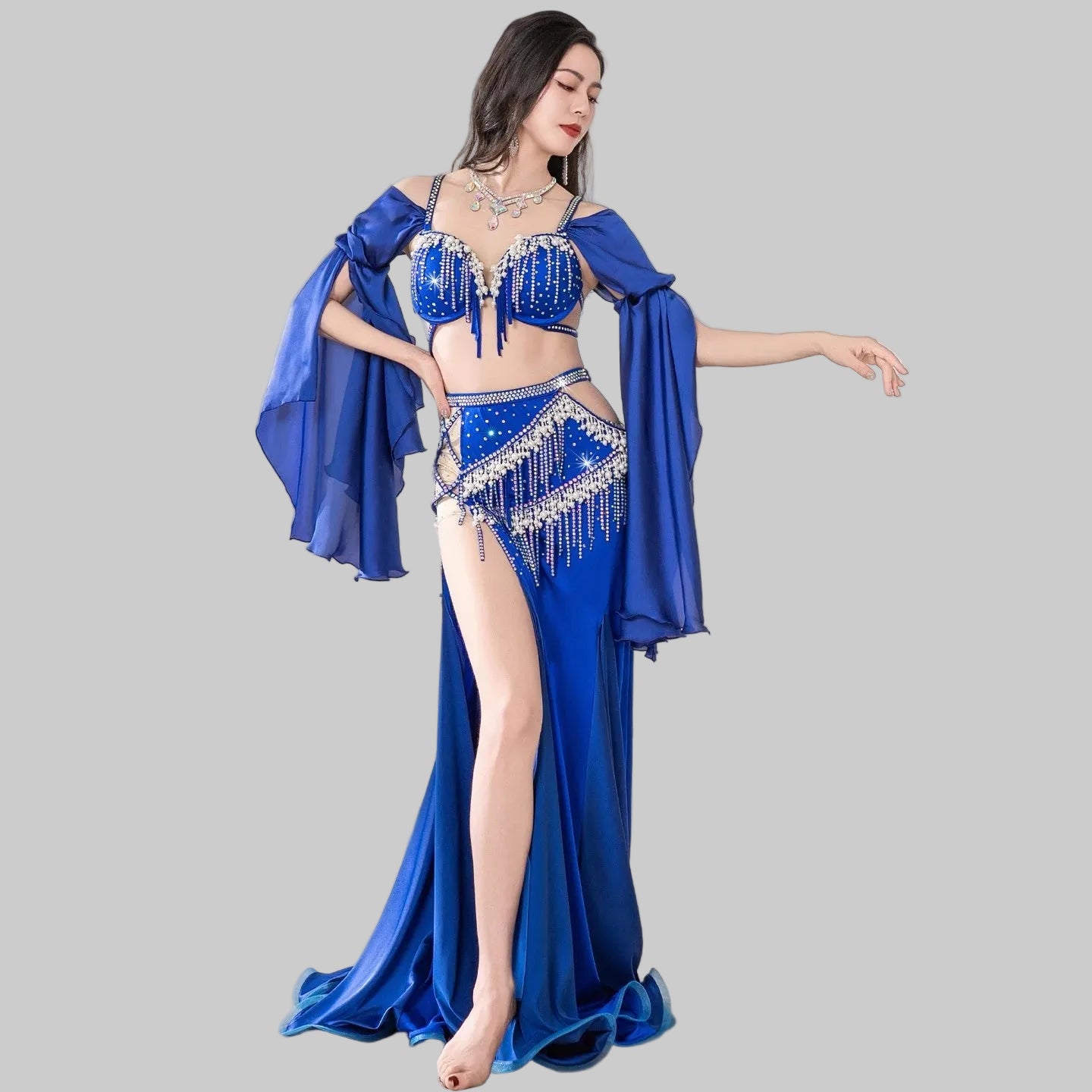 Egyptian Belly Dance Costume - Crystal Beaded Bra, Skirt & Sleeves Set
