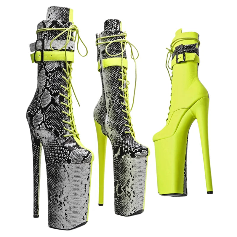 26CM Platform Ankle Boots - Snake Print Mix Color Extreme High Heel Pole Dance Boots