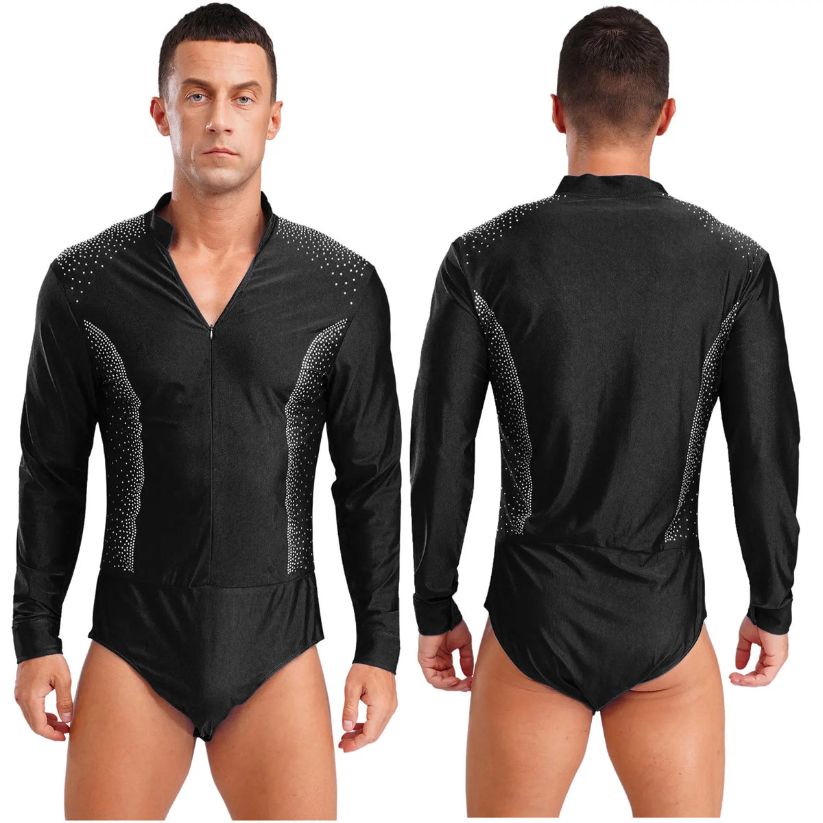 Men's Rhinestone Dance Leotard | Deep V-Neck & Velvet Mesh Patchwork | Long Sleeve