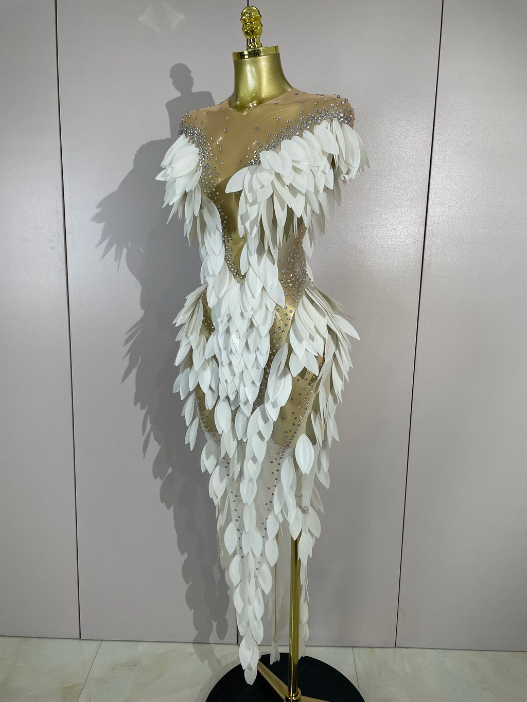 Pearl & Diamond Mesh Feather Gown | Sheer | Stage & Evening