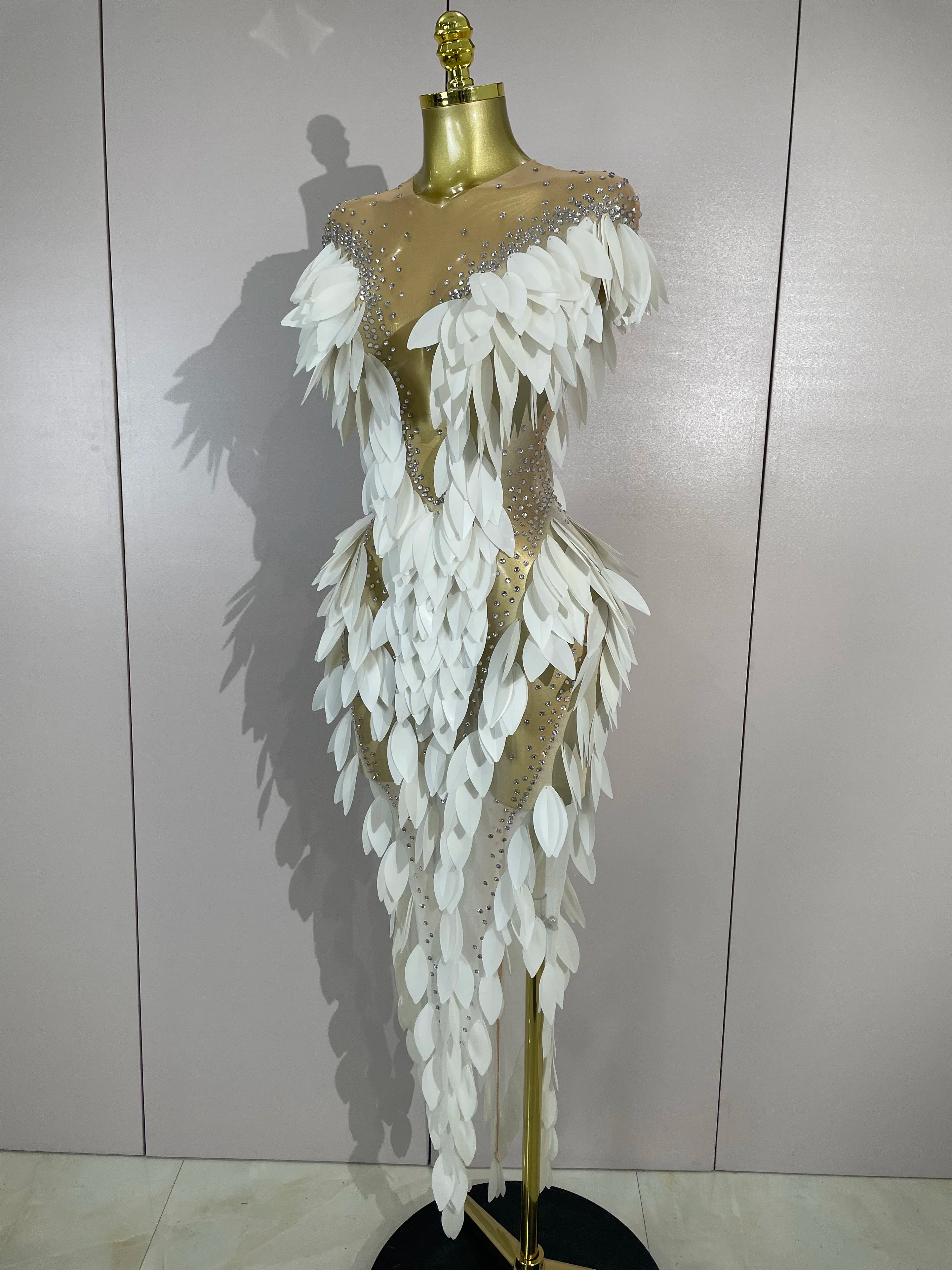 Pearl & Diamond Mesh Feather Gown | Sheer | Stage & Evening