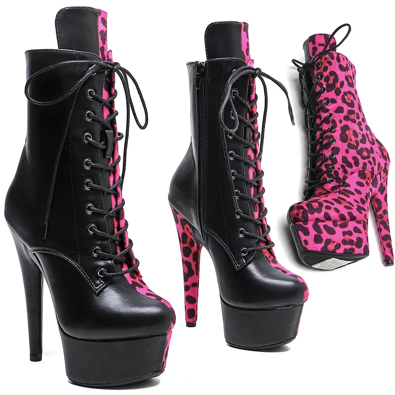 17cm Black Fuchsia Leopard Ankle Boots - Platform Party Dance Boots