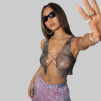 Metal Chain Fishnet Crop Top - Bandage Mesh Party Camisole